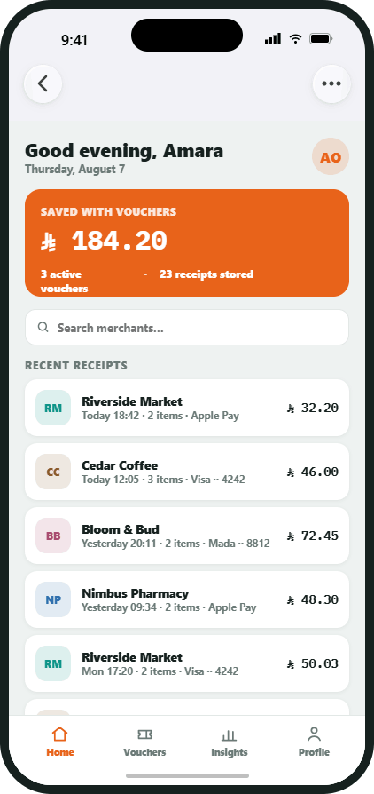 Consumer app — wallet home