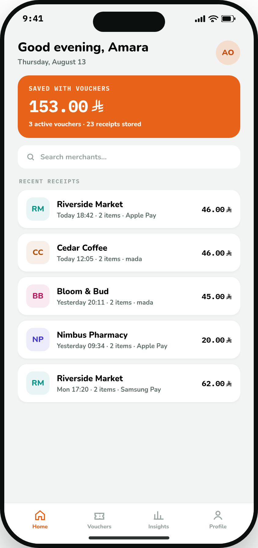 Consumer app — wallet home
