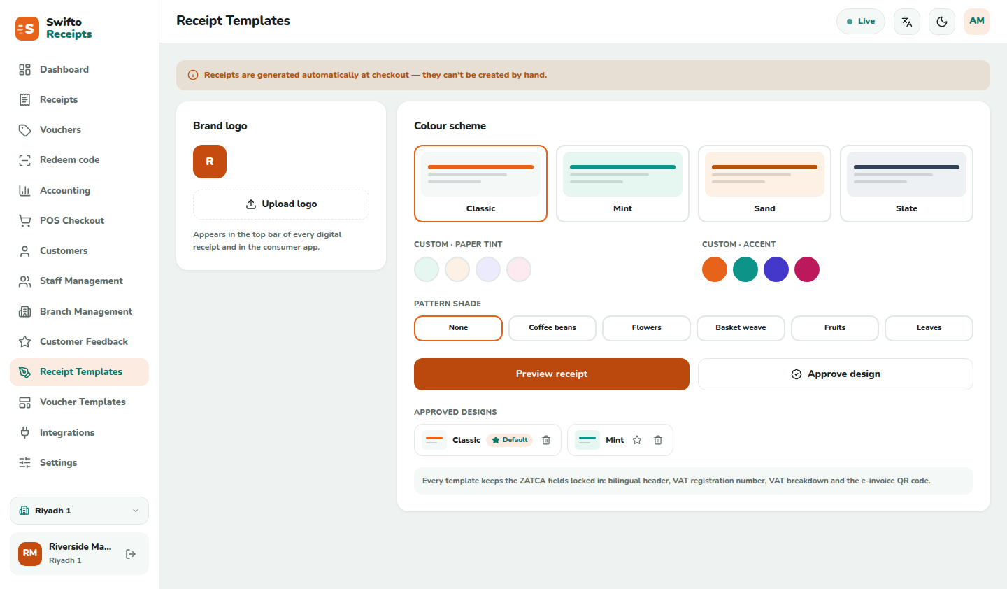 Receipt template customization screen