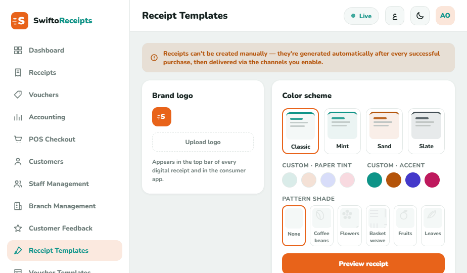 Receipt template customization screen